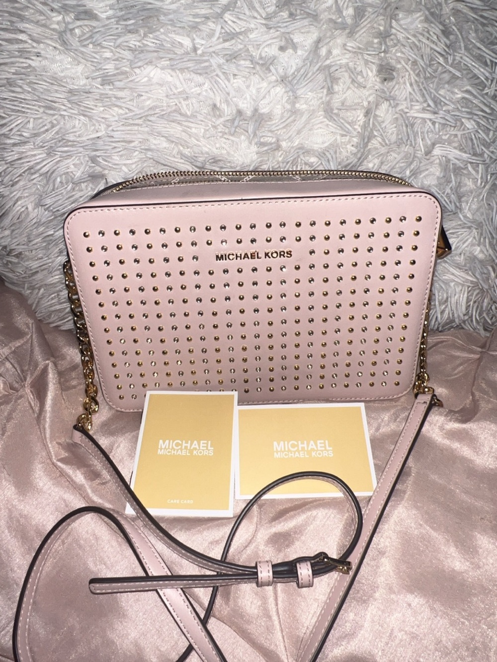 Michael Kors Blush Pink Studded Crossbody with Gold Hardware